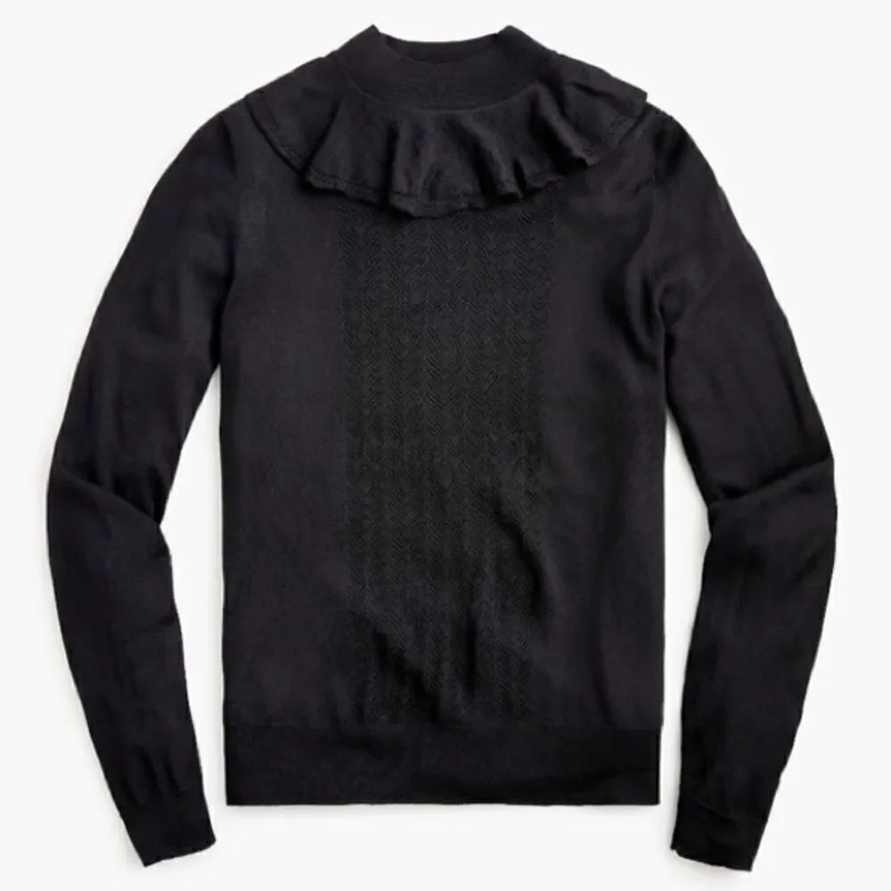 J.CREW Ruffle Mockneck Black sweater Pointelle Stitch